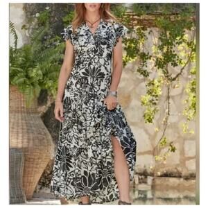 Sundance June Rose Maxi Dress Tiered Floral Black White Large Long Cotton Blend